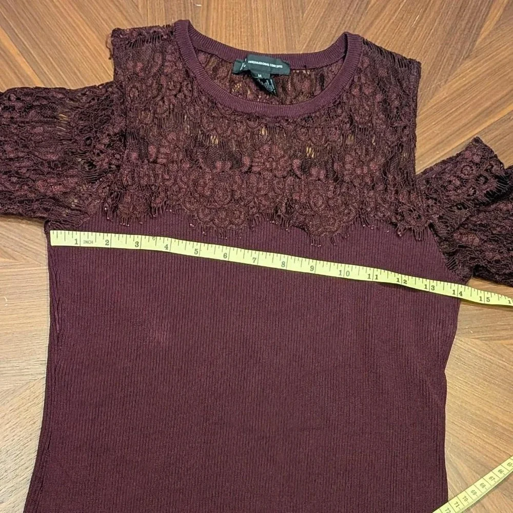 INC International Concepts Blouse Women Burgundy Excellent Lace Cold Shoulder M